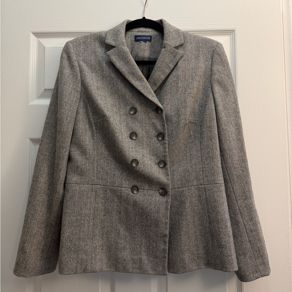 Ann Taylor Women’s Grey Double-Breasted Herringbone Wool Blend Blazer/Jacket
